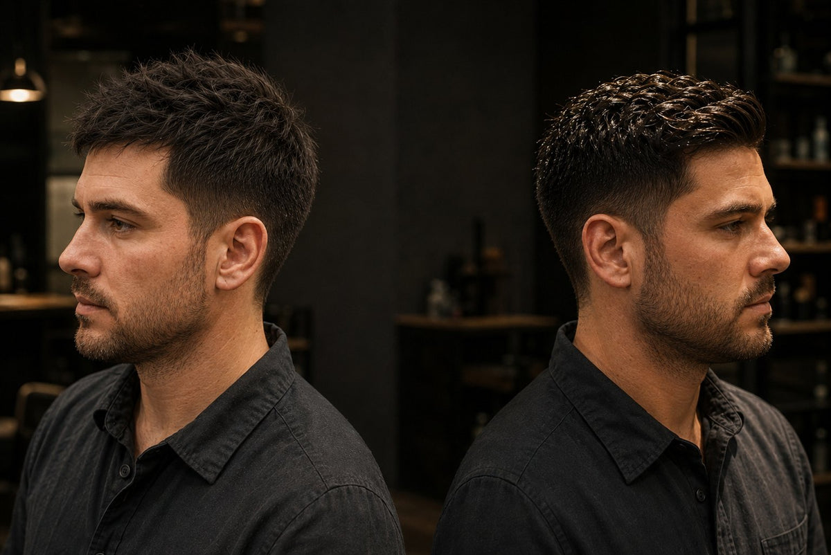 Side-by-side comparison of a matte finish hairstyle and a shine finish hairstyle on two men in a barbershop