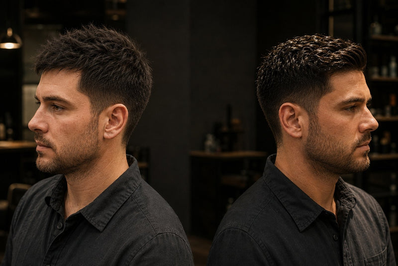 Side-by-side comparison of a matte finish hairstyle and a shine finish hairstyle on two men in a barbershop