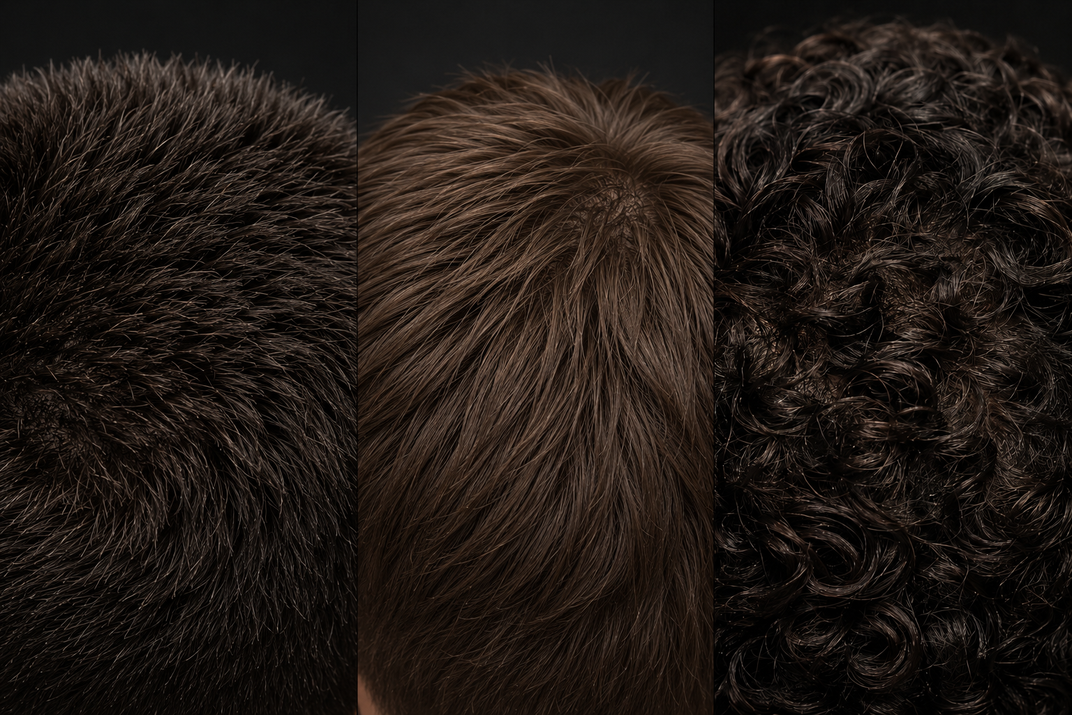 Three hair textures side by side, thick coarse, fine straight, and curly, macro shots