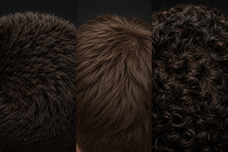 Three hair textures side by side, thick coarse, fine straight, and curly, macro shots