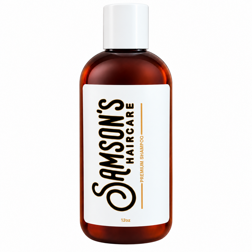 Samson's Haircare Midwest Daily Use Shampoo for men, 12 oz amber bottle on a white background