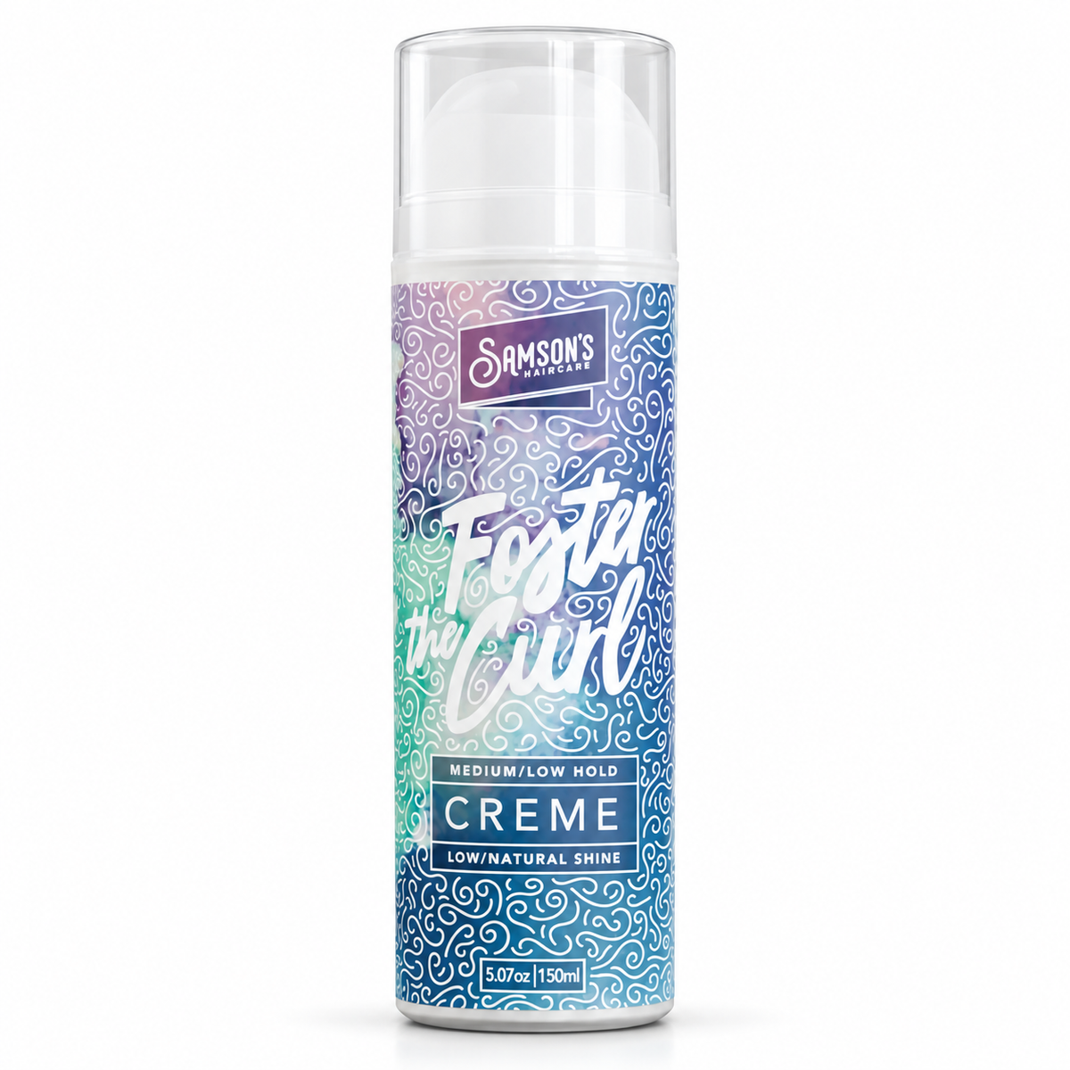 Samson's Haircare Foster the Curl Crème, a curl defining cream for men, 5.07 oz / 150 ml pump bottle on a white background