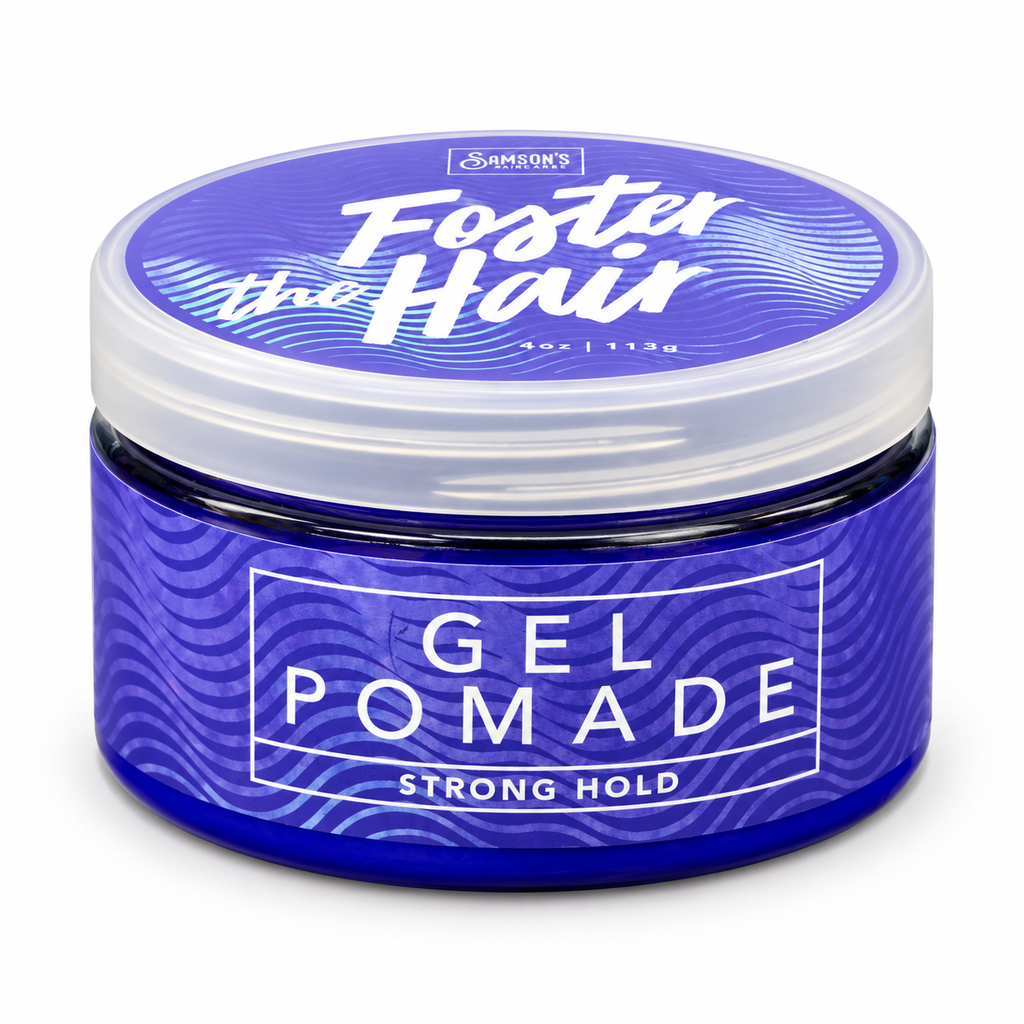 Samson's Haircare Foster the Hair Gel Pomade, strong hold, 4 oz blue jar on a white background