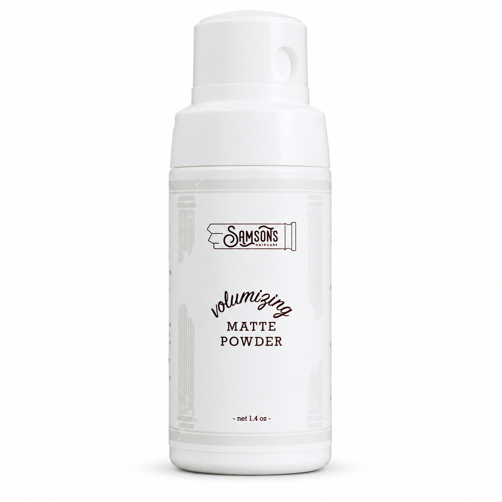 Samson's Haircare Volumizing Matte Powder for men, 1.4 oz hair powder bottle on a white background