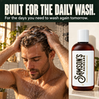 Man washing his hair in the shower with Samson's Midwest Daily Use Shampoo, built for the daily wash