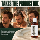 Man washing out a day of styling product with Samson's Midwest Daily Use Shampoo. Wash once for a clean feel, not stripped