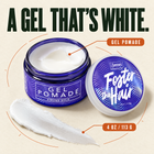 Open jar of Foster the Hair beside a swipe of the white gel pomade, a gel that's white, 4 oz / 113 g