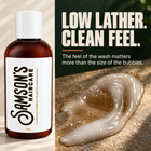 Close-up of Samson's Midwest Daily Use Shampoo texture beside the bottle: low lather, clean feel