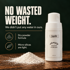 Samson's Volumizing Matte Powder bottle beside loose powder: no wasted weight, no water added, made with light micro silicas