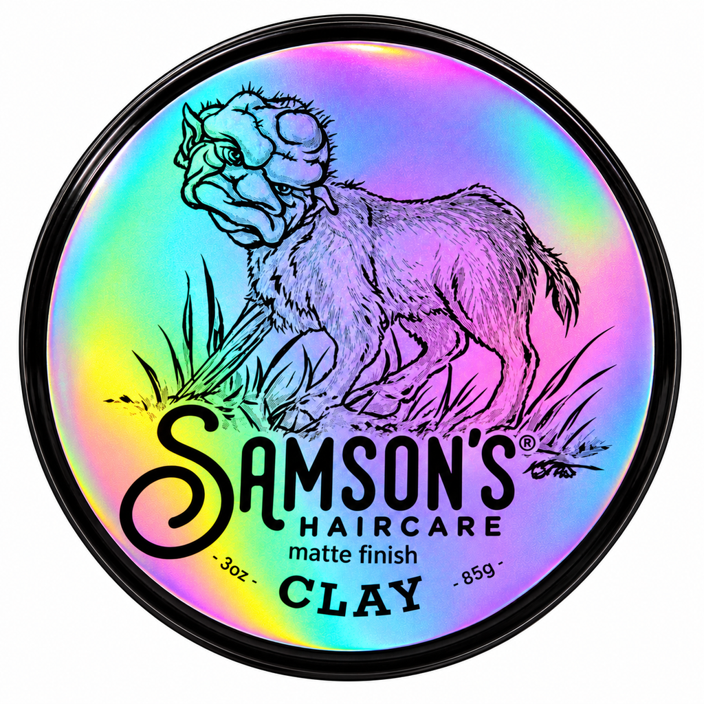 Samson's Haircare BenchLeg Clay, 3 oz / 85 g hair clay with the BenchLeg monster on the lid, on a white background