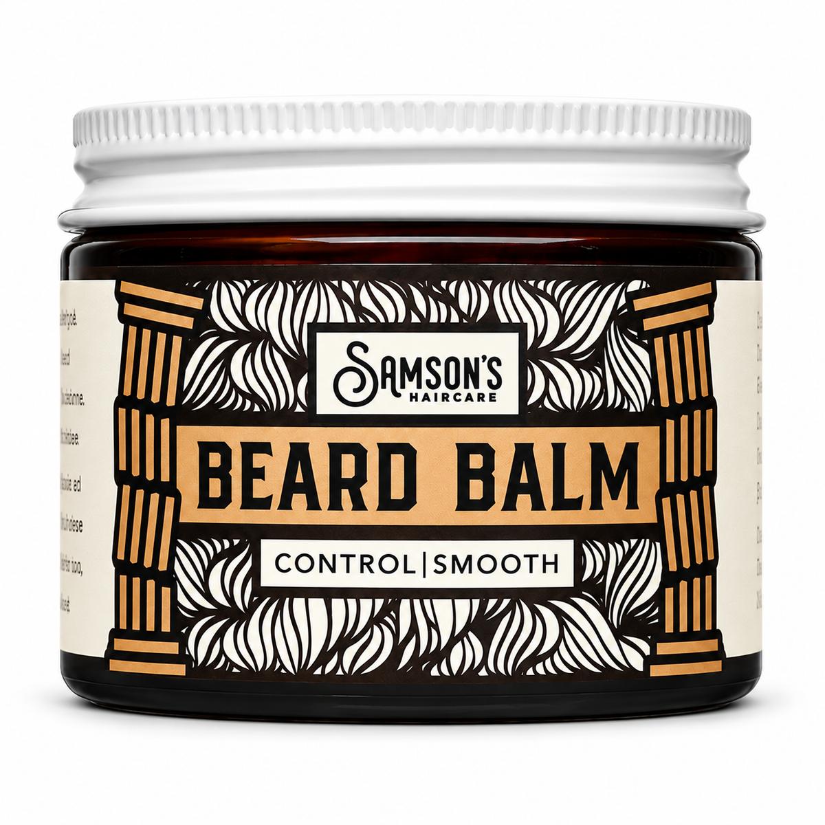 Samson's Haircare Beard Balm, Control | Smooth, amber glass jar with white lid on a white background