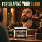 Man shaping his beard in the mirror with Samson's Beard Balm on the counter