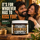 Smiling bearded man and his partner with a jar of Samson's Beard Balm in front. It's for whoever has to kiss you