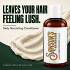 Samson's Daily Nourishing Conditioner beside a swipe of conditioner. Leaves your hair feeling lush, formulated for daily use