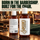 Front and back of Samson's Daily Nourishing Conditioner bottle with the full ingredient label. Born in the barbershop, built for the chair